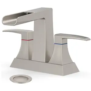 4 Inch Centerset Bathroom Faucet for 2 or 3 Hole Sinks – Waterfall Spout with Stainless Steel Pop-Up Drain & CUPC-Certified Safe Hose