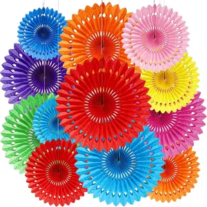 Morofme12Pcs Colorful Paper Fans Mexican Fiesta Party Decorations Cinco De Mayo Hanging Paper Fans Hawaii Birthday Decoration Double-Layered Colorful Fans Tropical Decor for Ceiling Wall Party Supply