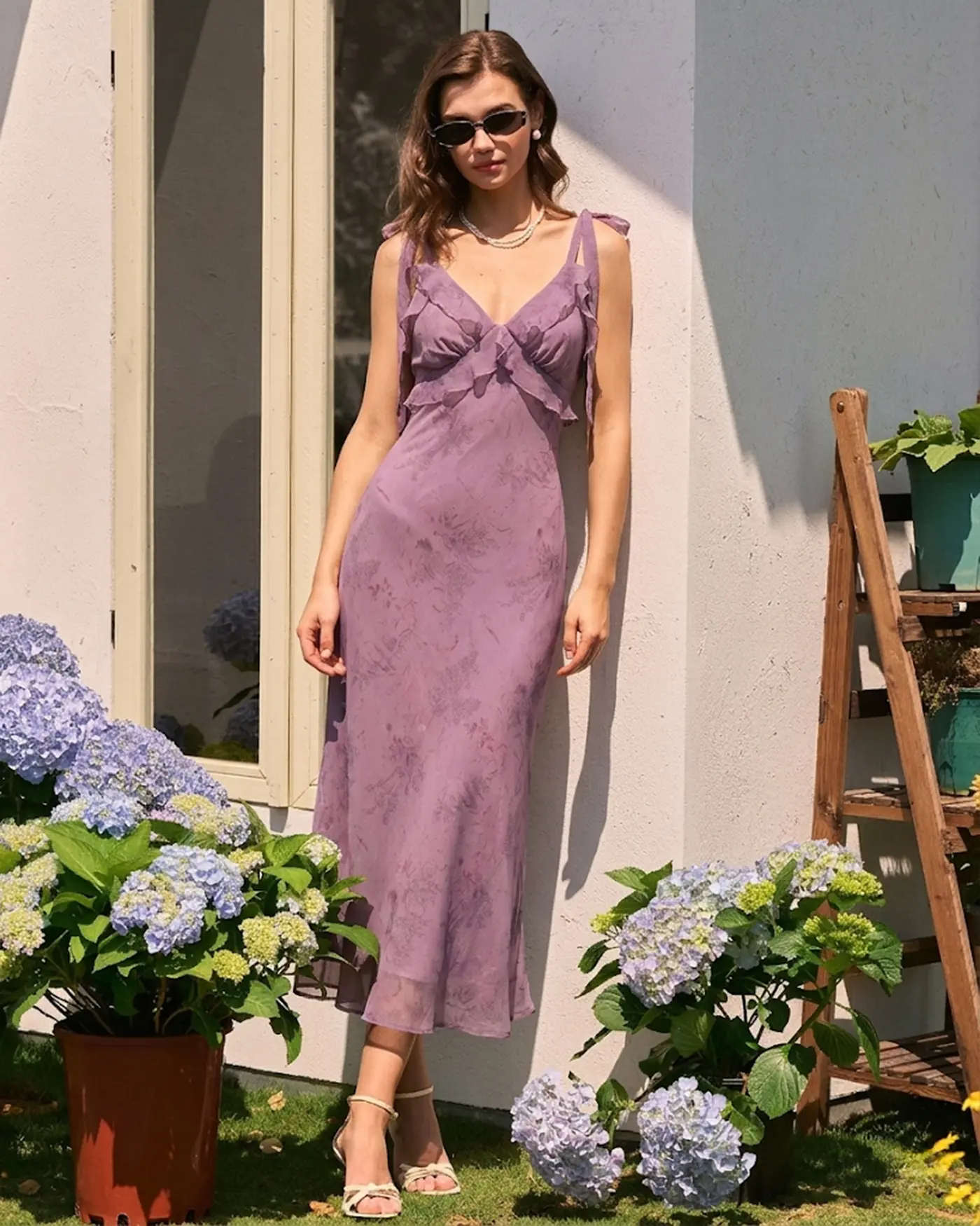 plunging v-neck crinkle chiffon bridesmaid dress Ever LILYANA|Elegant Open Back Ruffled Sleeves A-line Wedding Dresses Color:As Photo（DARK PURPLE) sexy corset styles A-line V neck Lace