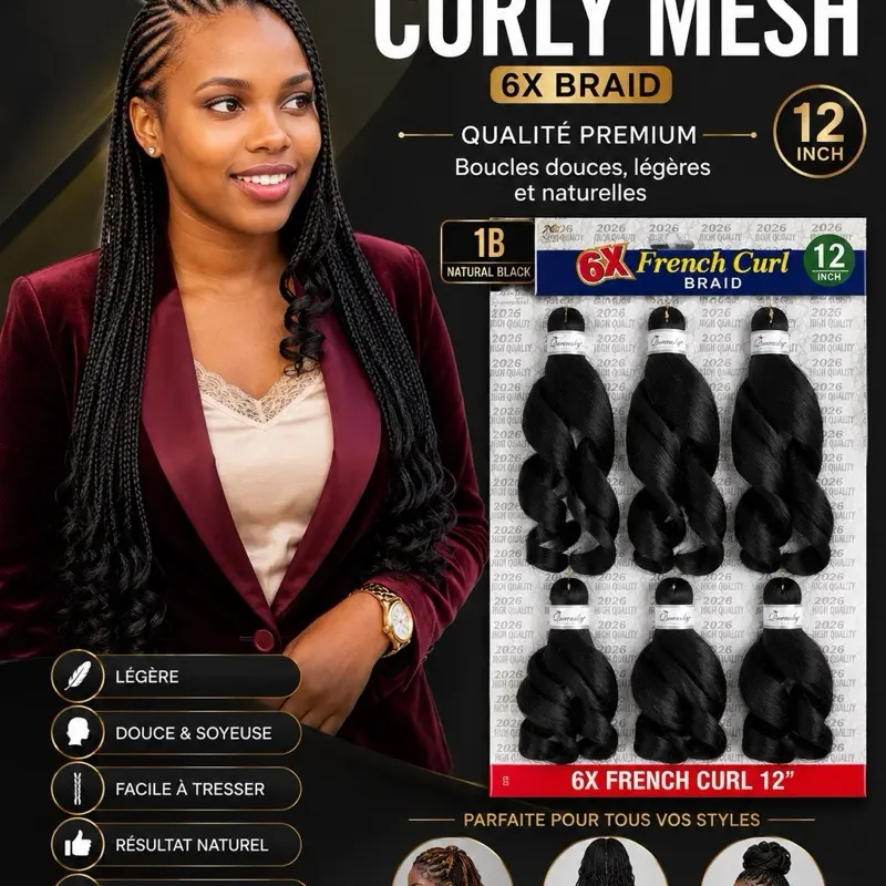 High Quality Heatless French Curly Braids Hair Mesh - 6x, Skin Friendly Breathable Haircare Hair Styling Accessory 1b