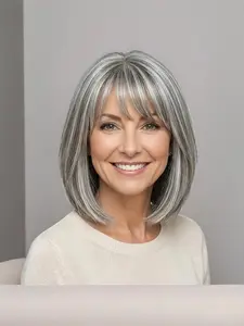 This elegant women's wig is lightweight and comfortable, a classic choice for everyday wear. The blend of light brown, grey, and silver tones makes it perfect for cosplay, parties, or casual outings. With Bangs Wig Synthetic Wigs