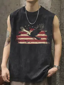 American Eagle & Distressed USA Flag Acid Wash Tank Top - Patriotic Streetwear Sleeveless Top
