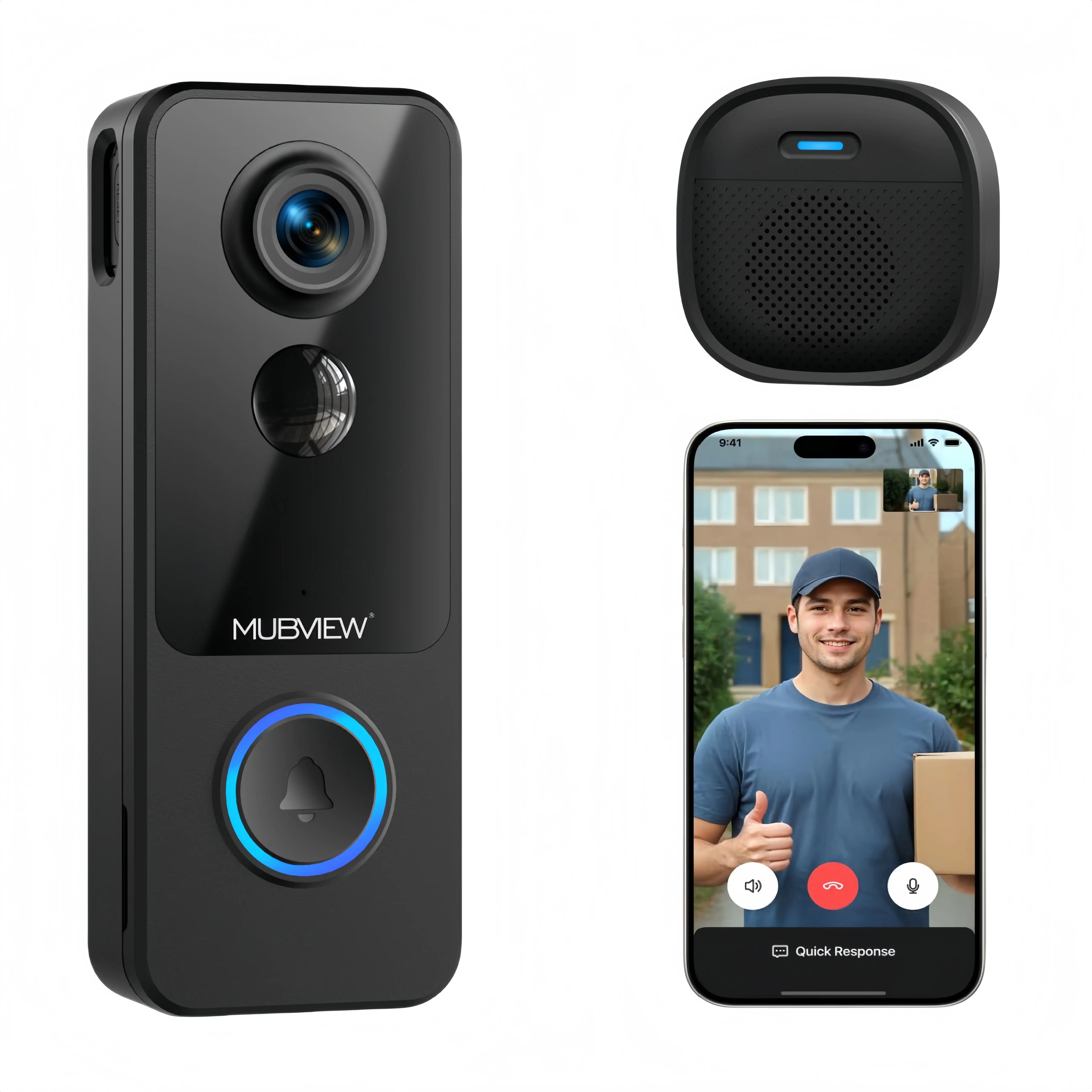 MUBVIEW 2.4Ghz-WiFi Wireless Doorbell Camera&Chime(Battery powered),Ultra-HD video,Two-Way Audio,Night Vision,AI Human Detection,Motion and chime app