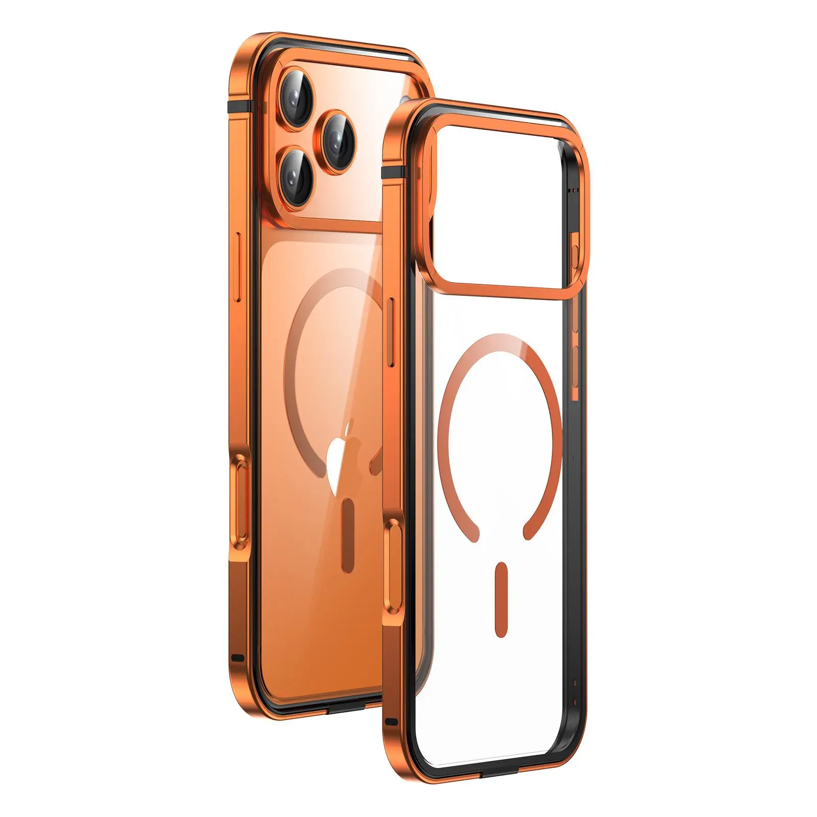 WANRUI_US Glossy Magnetic Linkoo Case with Strap 2026 New iPhone 17/16 Pro Max Case, Patented ClipSafe: Built-in Foldable Hidden Tab, Anti Theft Strap, Summervibes, Aluminum Alloy Lens Protection, Clear Back Case, Silver Frame, Orange summerwins