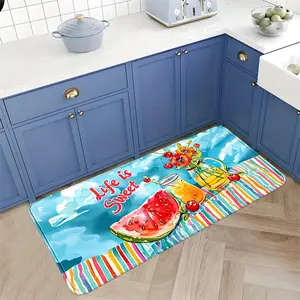 1pc Oil Painting Summer Limited Flannel Kitchen Mat Watermelon Soda Flower 100% Polyester Living Room Foyer Entryway Multi-Scene Use Life is Sweet Design Lightly Absorbent Slightly Slip-Resistant Cool Fruity Fragrance Housewarming Gift
