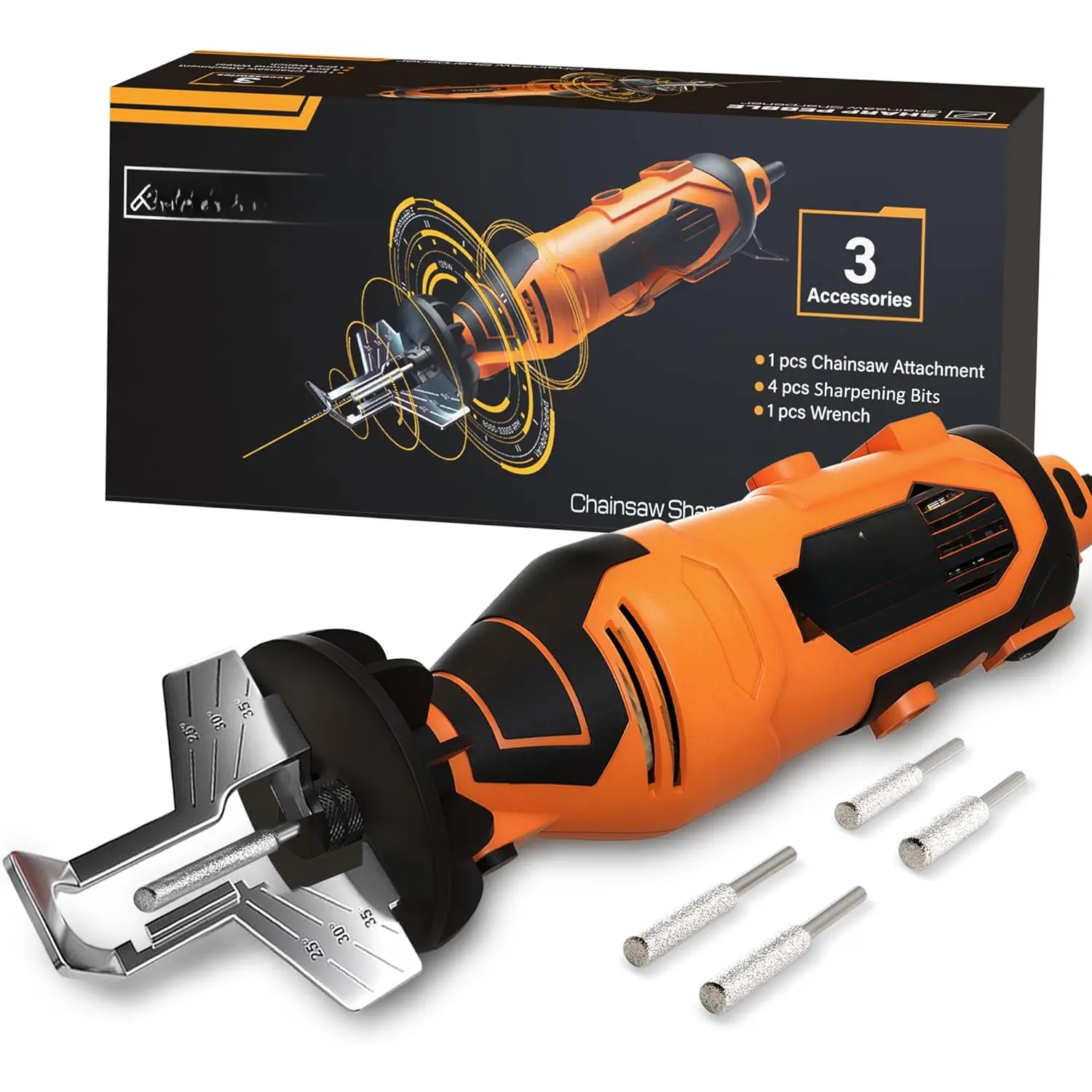 Electric  ener Kit - Comes with Chain  ener Tool, 4 File Size ening Wheel Bits, Angle Attachment, Wrench & eBook