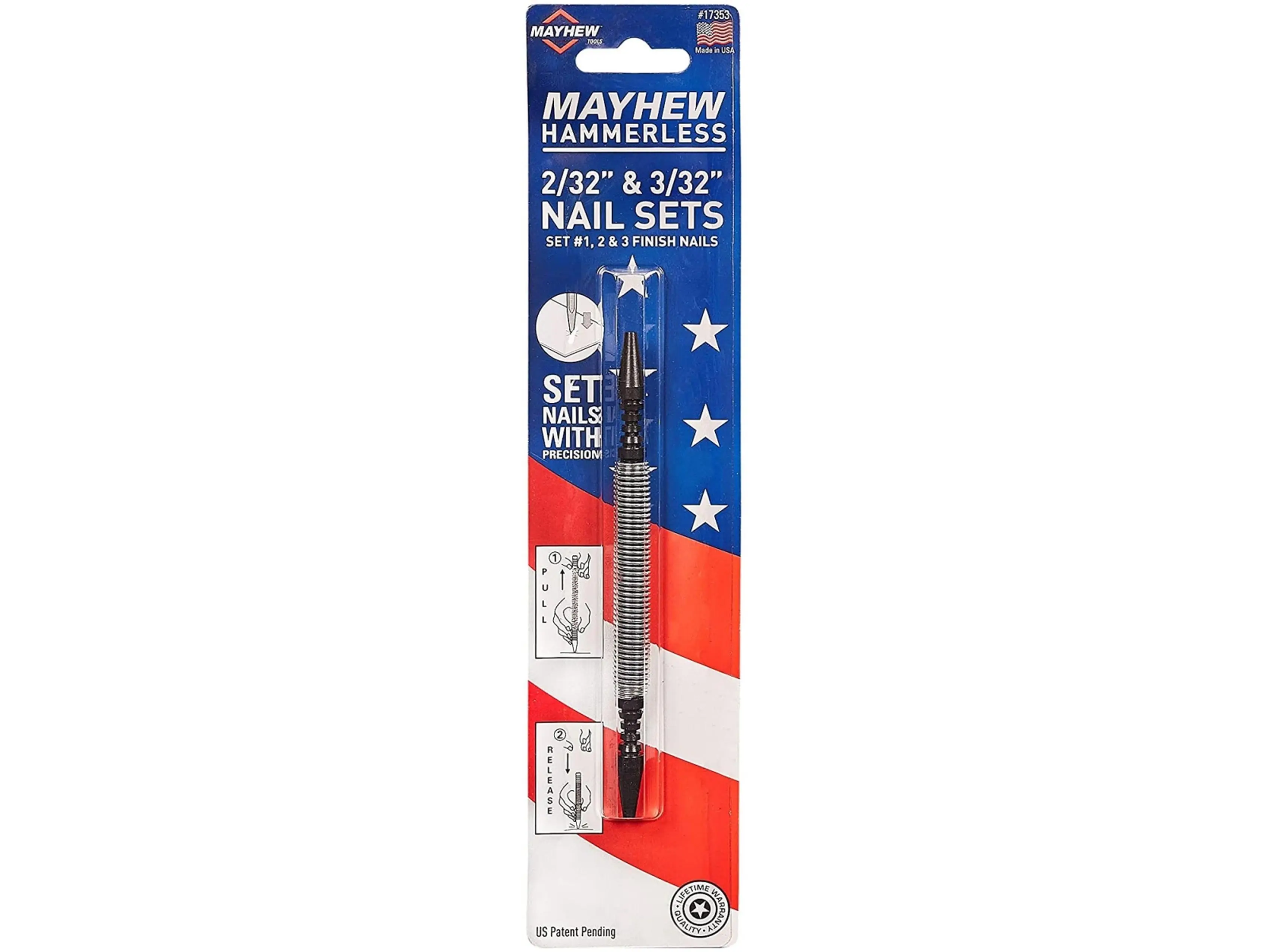 Mayhew Tools MAY-17353 Hammerless Nail Set Tool Kit - No.2, No.3 Sizes, 0.11 lbs, 3500 lb. Striking Force, 7.5 x 2 x 0.5 in, Mark, Cut, Start Without Hammer, Precision and Accuracy