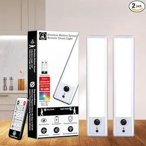HL cabinet lights, 32 LEDs, rechargeable battery powered with motion sensor, wireless indoor lighting, magnetic strip, remote control, dimmable under-cabinet light suitable for kitchens, stairs, and hallways, white, 2-pack outdoorfun