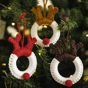 1pc Christmas Reindeer Macrame Ornaments, Handmade Wreath Hanging Decorations With Antlers And Red Nose,Rustic Farmhouse Xmas Hanging Decor For Home, Fireplace, Window, Party, Winter Seasonal Decorations