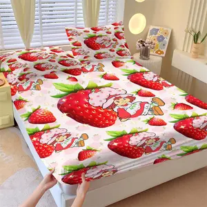 Strawberry Shortcake Purple Dot Fitted Sheet Set, 1 Fitted Sheet + 2 Pillowcases - 3 Pcs Soft Bedding with Deep Pocket, 360° Full Coverage, Wrinkle Free, Cute Strawberry Cartoon Bed Sheets for Girls, Full Size