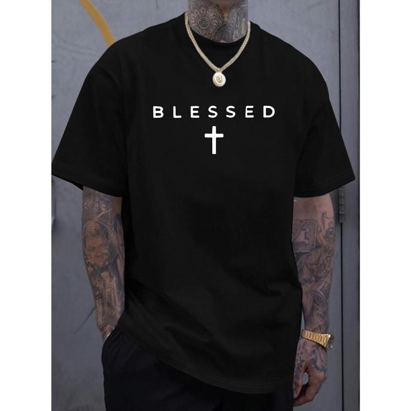 Men'S Casual Crew Neck T-Shirt with Cross & "BLESSED" Letter Print, 100% cotton Knit Fabric, Regular Fit Short Sleeve Tee for Summer, Comfortable & Versatile Weekend Casual Wear, Everyday Tshirt |       Sleek Black Tee |       Lightweight Fabric