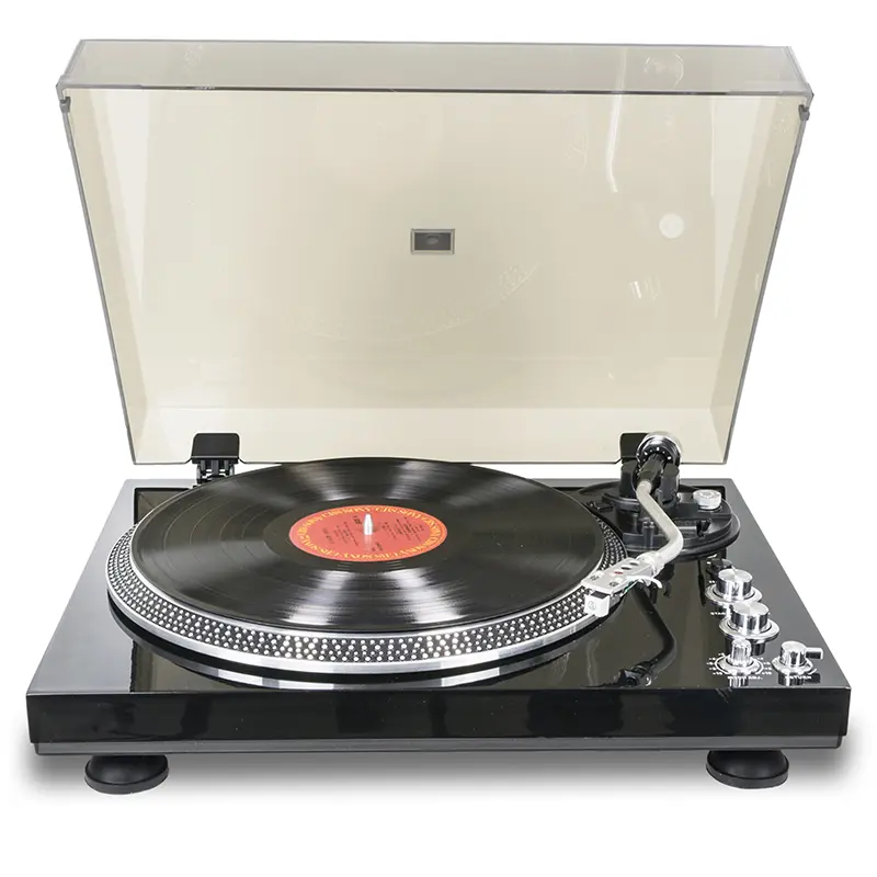 Vintage Belt-Driven Turntable with Bluetooth Transmitter, Pre-Amplifier, Aluminum Platter, 33/45 RPM, RCA Line Output, Strobe Light, Stereo Sound for Vinyl Records & Music (Black)
