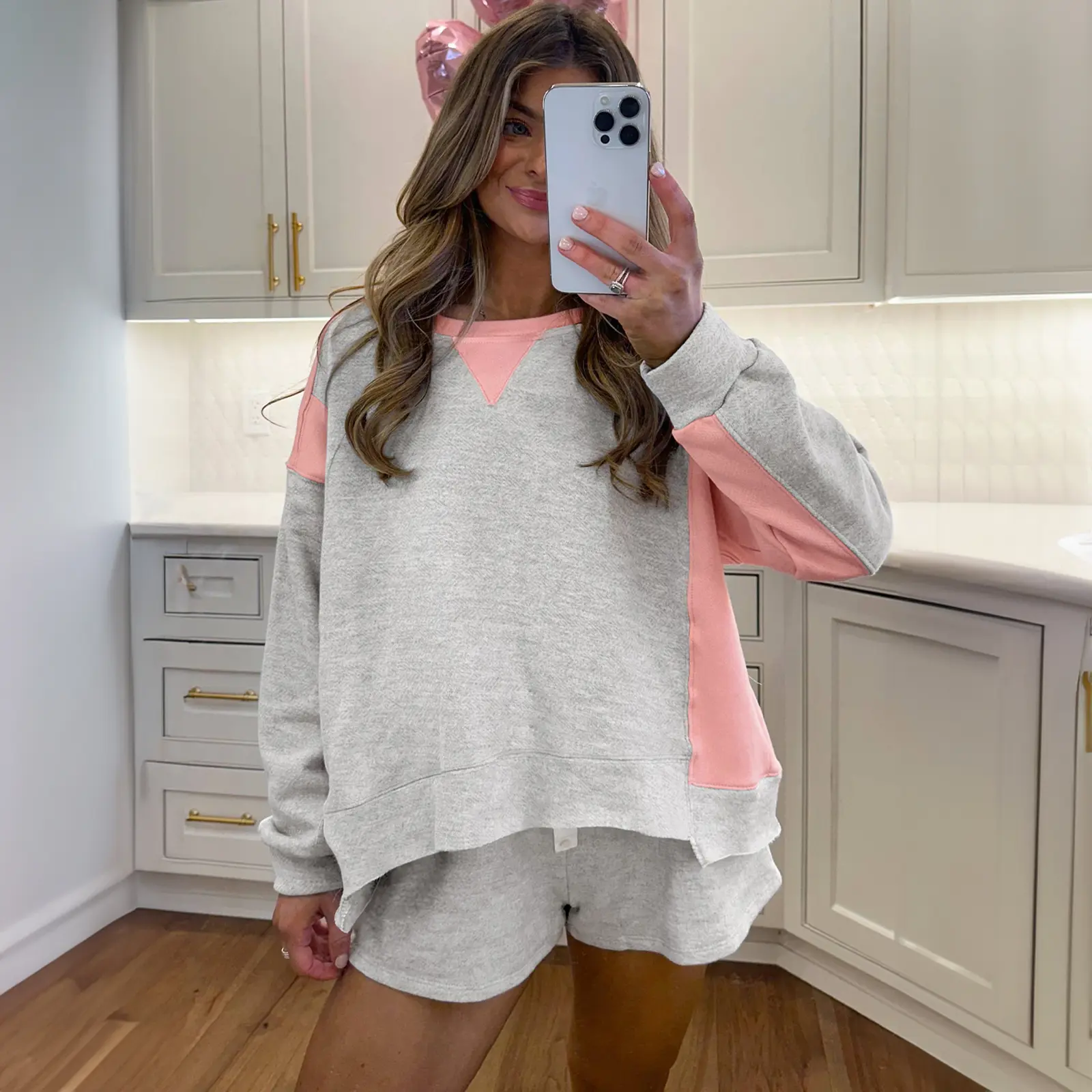 Light Grey Color Block Raw Hem Pullover and Casual Shorts Set for Comfortable Everyday Wear 65% Polyester 35% Cotton