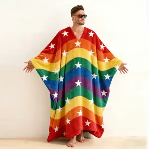 Rainbow Pride Print LGBTQ+ Men's Flannel V-Neck Long Robe Kaftan, Iconic Color Flag Pattern Brushed Cotton Loungewear, Soft Warm Long Sleeve Hoodless Bathrobe for Pride Celebration & Inclusive Comfort, Supportive Gift for Gay Bisexual Queer Com