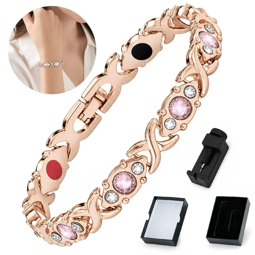 Women's Rose Gold-Pink Diamond Magnetic Clasp Bracelet (1 Piece) with Jewelry Box, Adjuster, Travel-Ready for Daily Wear, Gift Giving