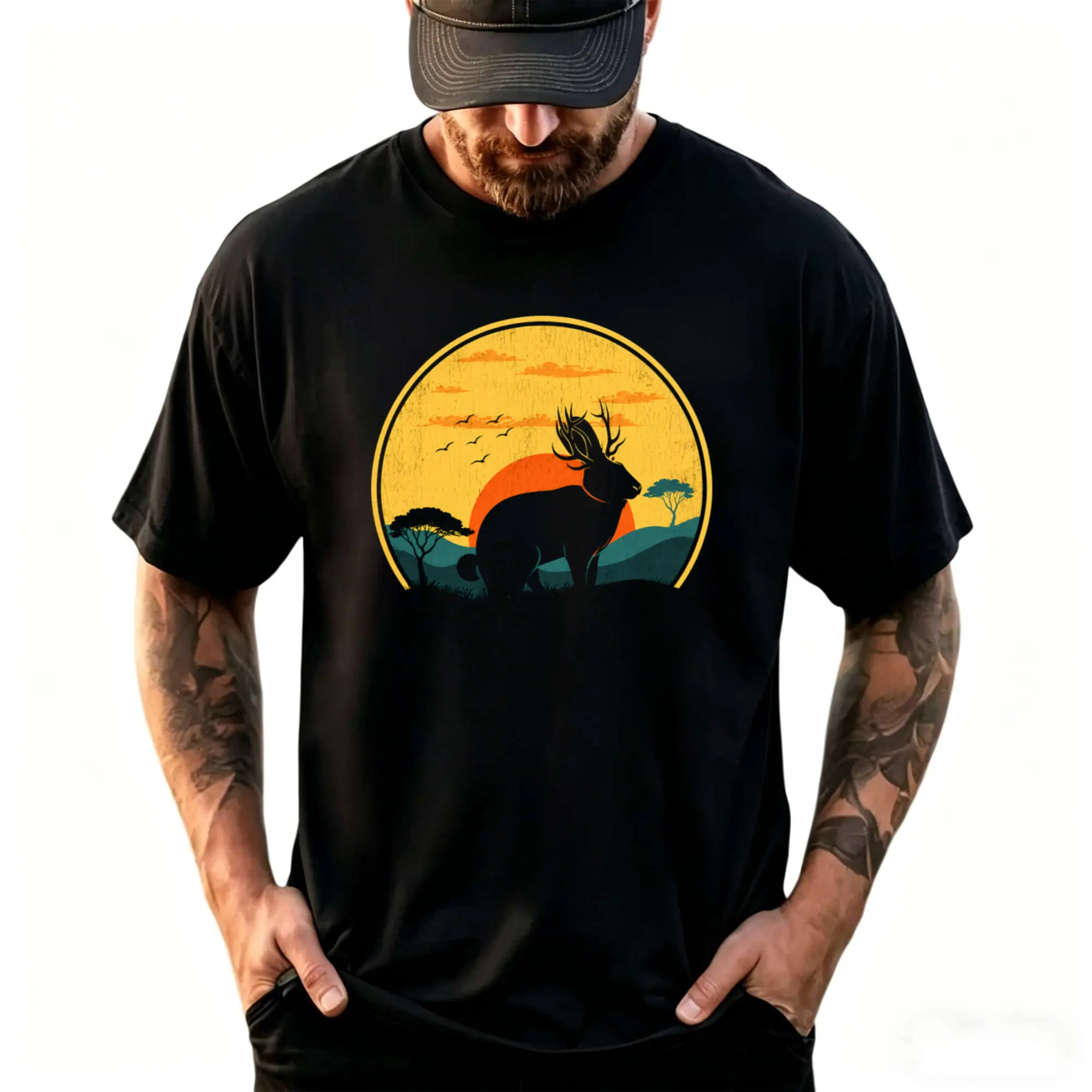 Men's T-Shirt – 100% Pure Cotton Cryptozoology-Themed Tee featuring a Mythical Jackalope Print; Short-Sleeve, Crew Neck Casual Top – Suitable for All Seasons, Breathable Fabric.