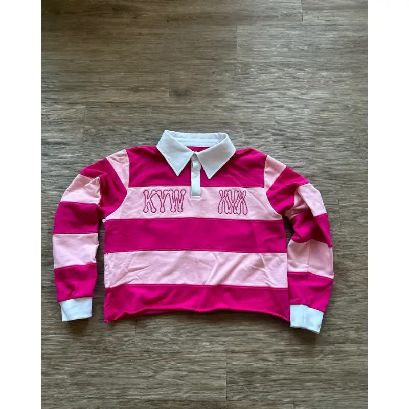 Pink Rugby Polo Shirts Hip Hop Men Stripe Print Lapel Neck Shirt