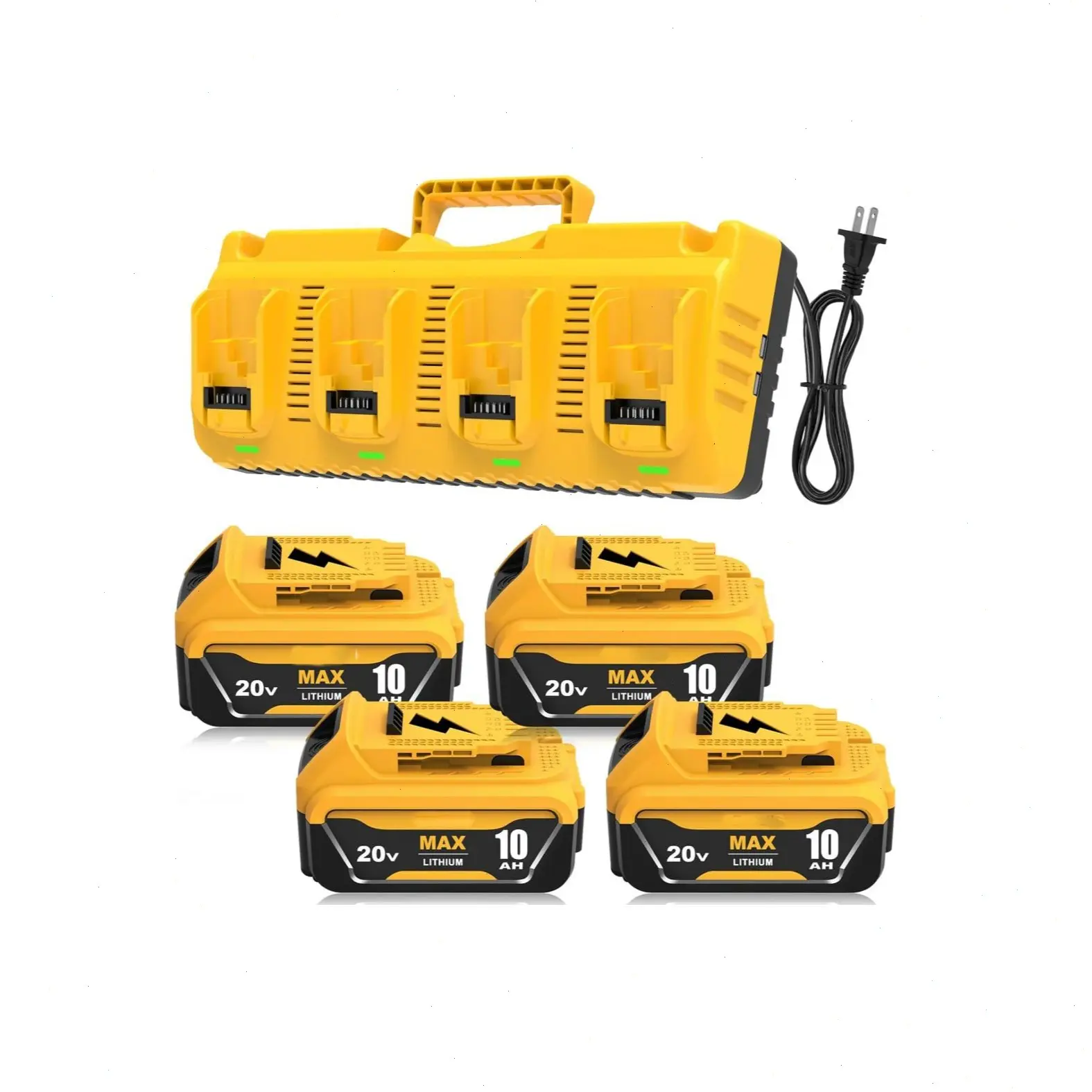 10000mAh High Capacity Cordless Tool Batteries (4-Pack) - Dewalt 20V Max Drill Lithium Replacement, 4-Port Charger with 2 USB Ports, 100-240V AC, Accessories for DCB203 Power Tools & Heavy-Duty Job Sites, Lithium Battery Replacement, Drill Battery