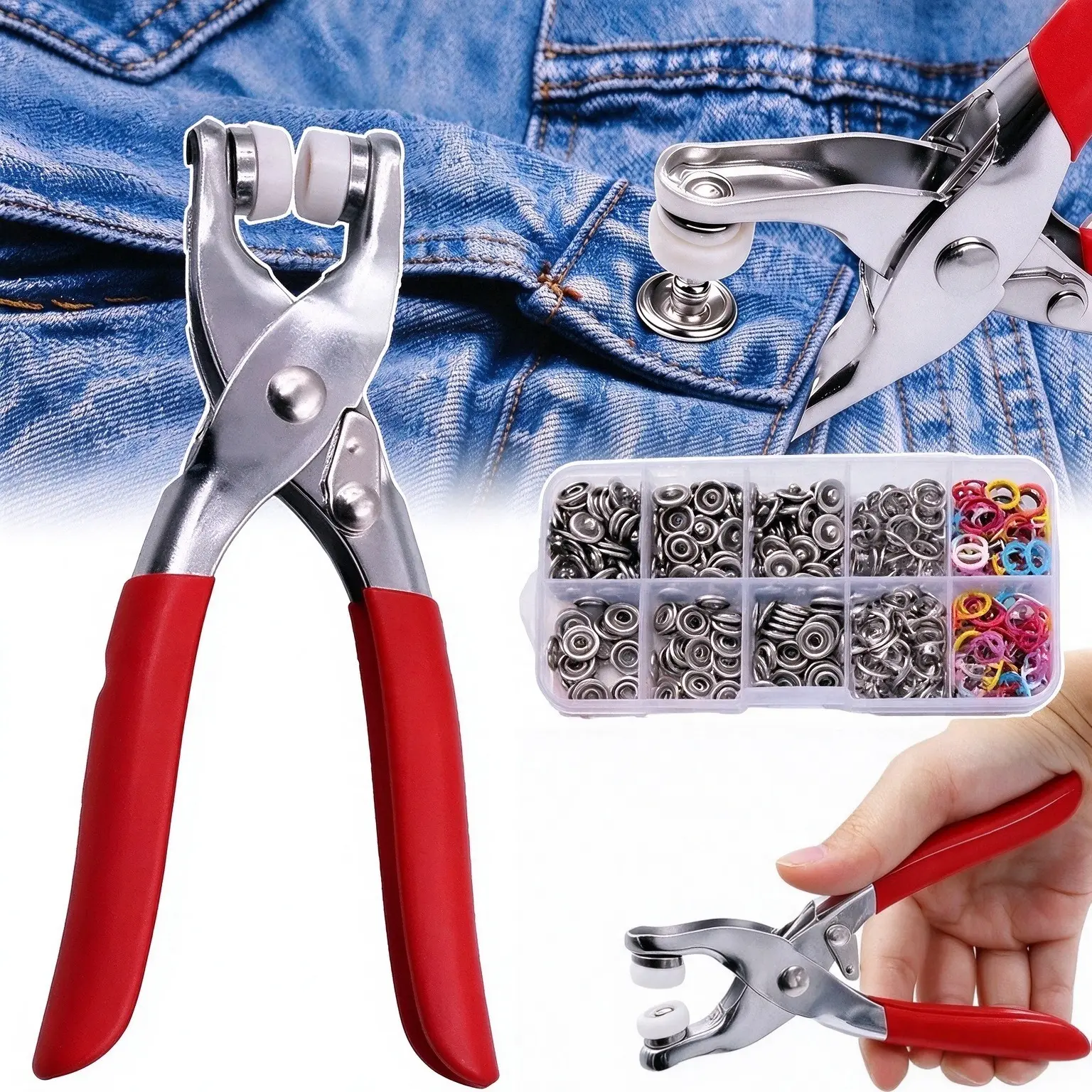 100Pcs 5-Prong Metal Snap Buttons Kit, Colorful Snap Fasteners with Hand Press Pliers, Portable Sewing Snap Button Set for DIY Clothing Repair, Garment Craft Projects