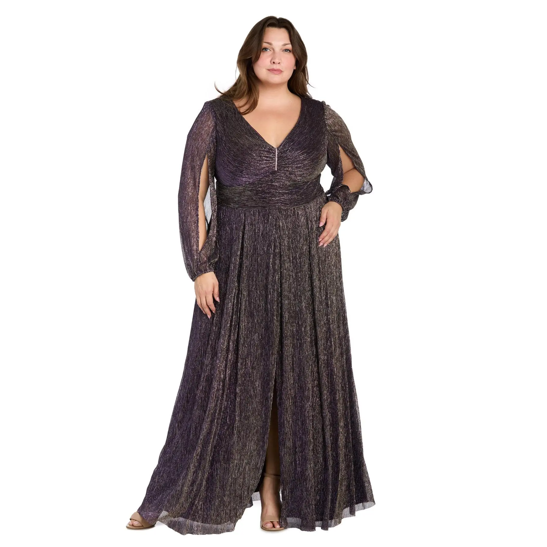 Elegant Metallic Long Dress with Rhinestone Detail and V-Neckline - Plus