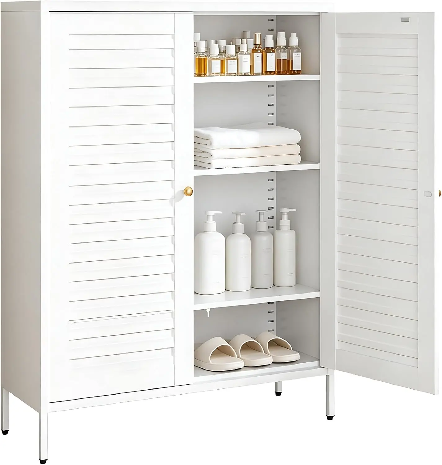 Metal Bathroom Storage Cabinet, 40.1” Floor Buffet Cabinet White | Adjustable Shelves, Metal, Fluted Doors, Small Storage Sideboard for Bathroom, Kitchen, Living Room, Dining Room, Entryway