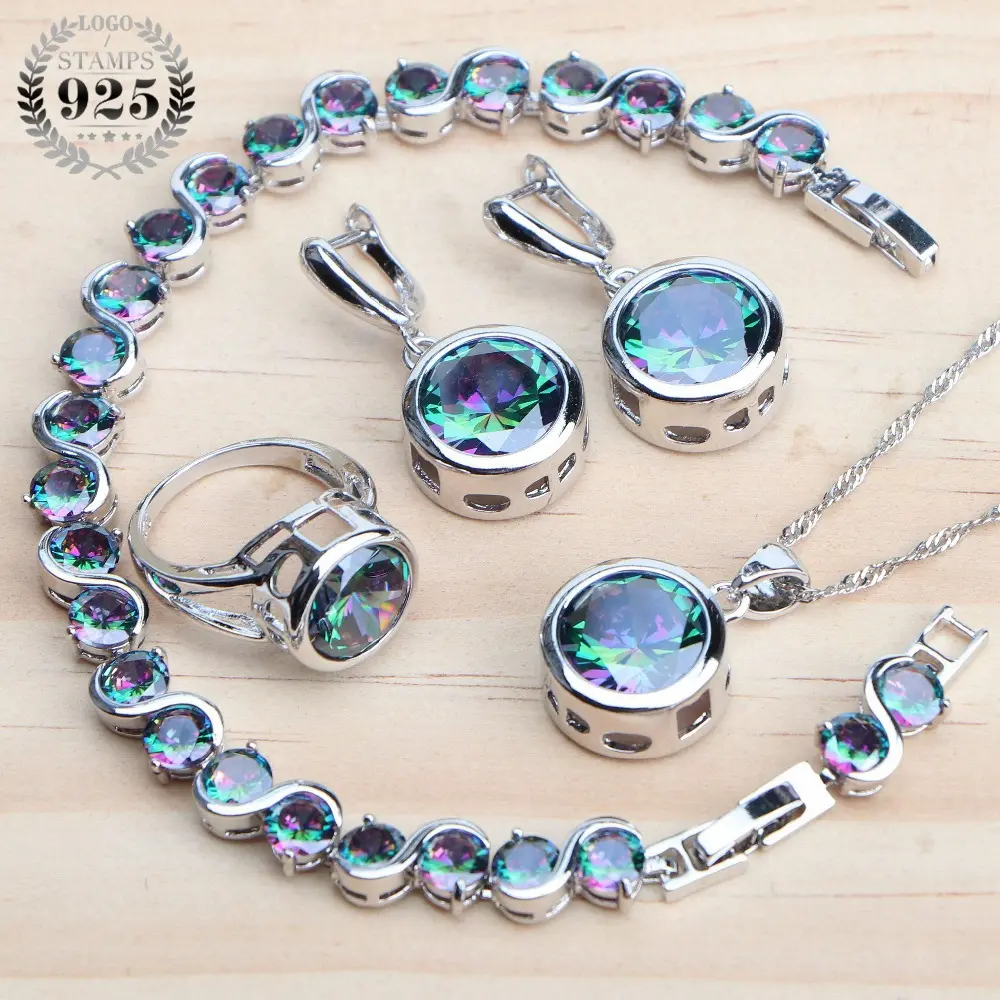 LUX-JEWEL - 925 Sterling Silver Jewelry Sets Bridal Women Natural Magic Rainbow Zircon Earrings Ring Bracelets Pendant Wedding Necklace Set