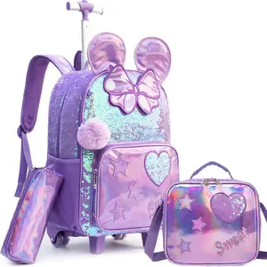 Cute 3-in-1 Rolling Backpack with Spinner Wheels for 8-10 Year-Old Elementary School Girls, Synthetic Luggage/Trolley Bag with Lunch Box & Pencil Case, Includes Manufacturer Warranty