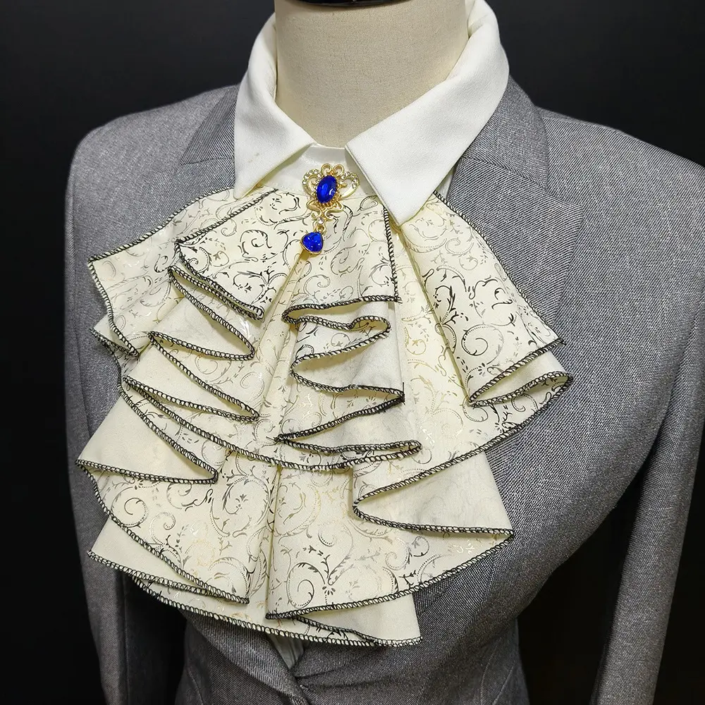 Vintage Beige Multi-Layered Jabot Collar, Decorative Neck Cravat with Blue Gem Brooch, Ruffled Neck Scarf for Shirts, Suits and Stage Performances
