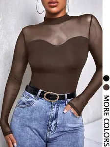 1 Piece See-Through Mock Neck Top - Women’s Sheer Mesh Long Sleeve Blouse | Y2K Trendy Slim Fit Feminine Womenswear Shirt for Party & Daily Layering