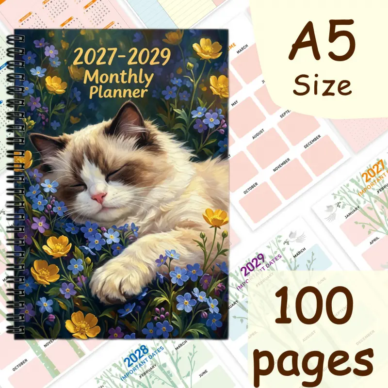 1 spiral hardcover planner for 2027-2029, featuring a monthly calendar notebook with a print of a golden retriever puppy playing among flowers. Perfect for university and office use, it includes weekly and monthly goal trackers, to-do lists and more.