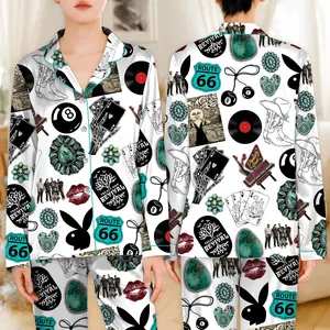 Cowgirl Cowboy Western Satin Pajama Set, Route 66 Rodeo Cowgirl PJs, Vintage Western Cow Boy Sleepwear, Country Western Loungewear, Turquoise Western Print Pajamas, Retro Americana Nightwear Gift for Her Him
