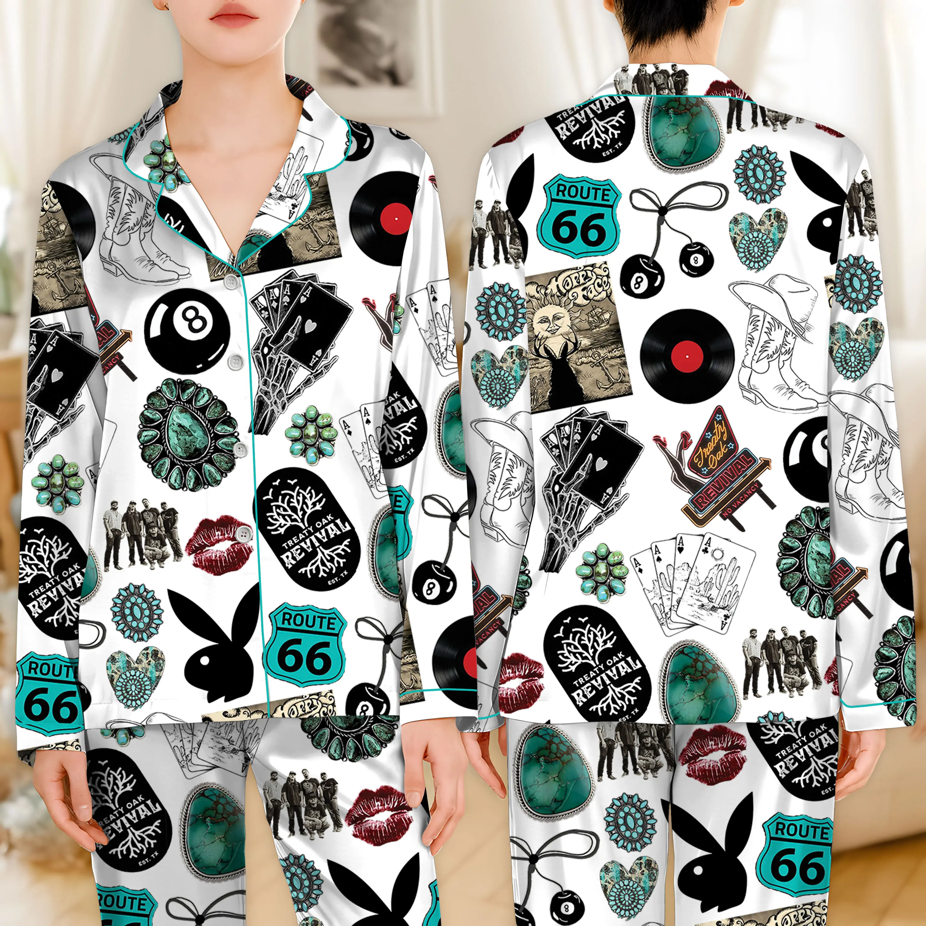 Cowgirl Cowboy Western Satin Pajama Set, Route 66 Rodeo Cowgirl PJs, Vintage Western Cow Boy Sleepwear, Country Western Loungewear, Turquoise Western Print Pajamas, Retro Americana Nightwear Gift for Her Him