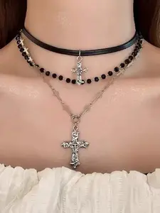 A delicate, fashionable, unique niche design women’s multi-layer cross beaded necklace—stylish and cool jewelry for everyday wear, holidays, and parties.