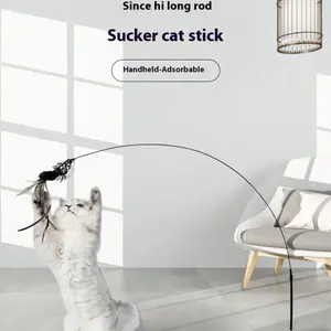 Interactive Suction Cup Cat Wand with Feather Teaser & Replacement Bell Fun Toy for Kittens and Cats Handheld Adsorbable