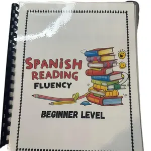 Spanish Reading Fluency Beginner Level Book with Colorful Cover Featuring Books and Educational Illustrations