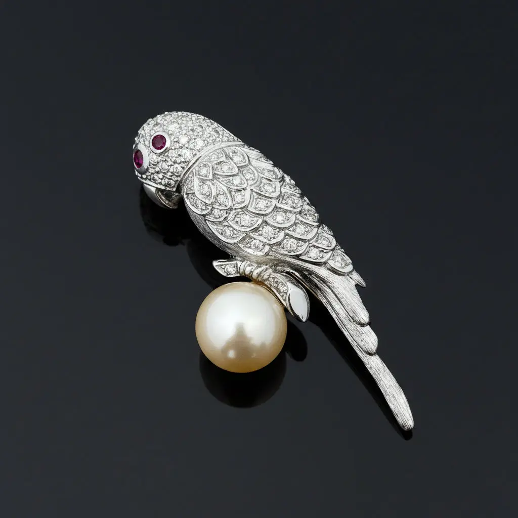 Modern Estate Diamond and South Sea Peal, Ruby 18Kt White Gold Parrot Brooch