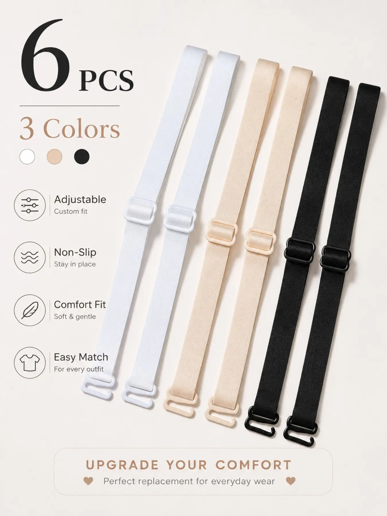 6pcs/set Extended 42cm Bra Shoulder Straps, Adjustable Non-Slip Fabric Straps, Replaceable Elastic Bra Straps for Comfort, Bra Accessory