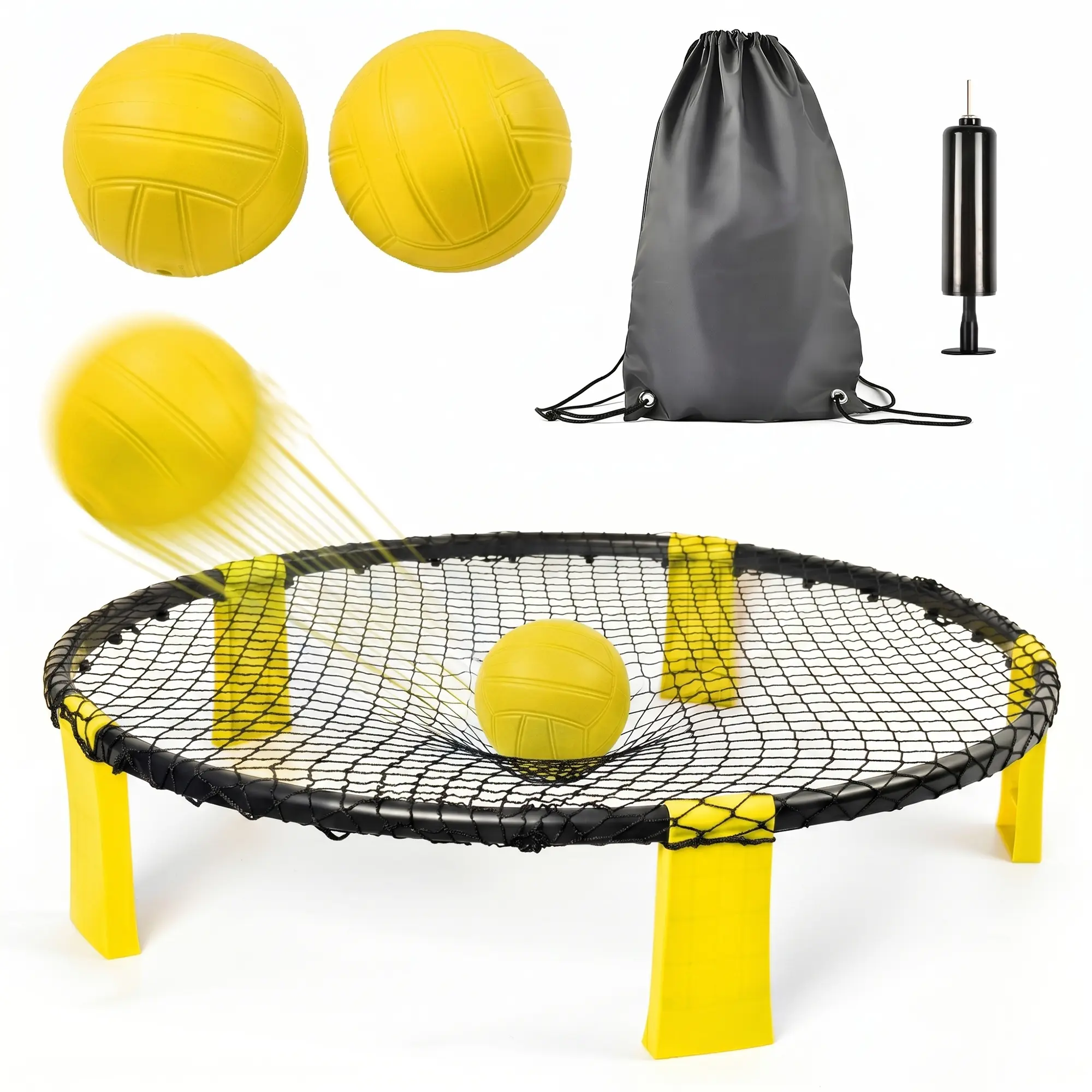 Portable Compact Outdoor Roundnet Game Set - Plastic Beach Game with 2 Balls, Sturdy Net, Carry Bag - Family Entertainment for Camping, Barbecues, Outdoor Activities