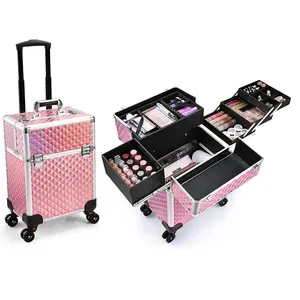 Joligrace Rolling Makeup Train Case Large Cosmetic Trolley Organized Aluminum Makeup Trolley Box Barber Case with Keys Swivel Wheels Traveling Cart Trunk