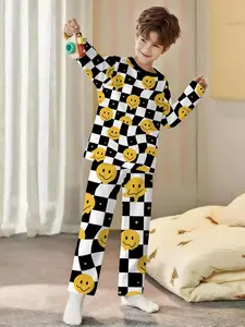 Plaid Smiley Face 2-Piece Boys' Digital Printed Long-Sleeve Pajamas with Extended-Length Sleep Pants, Flame-Resistant Polyester, Plaid Pajama Sets