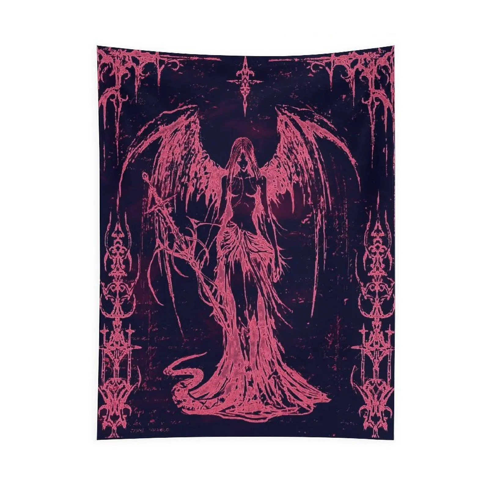 Dark Angel Gothic Wall Tapestry, Pink Fantasy Reaper Art Hanging for Alternative Room Decor