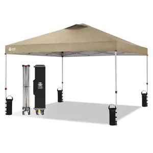 CROWN SHADES 12x12 Pop Up Canopy Outside Canopy, Patented One Push Tent Canopy with Wheeled Carry Bag, Bonus 8 Stakes and 4 Ropes, Beige