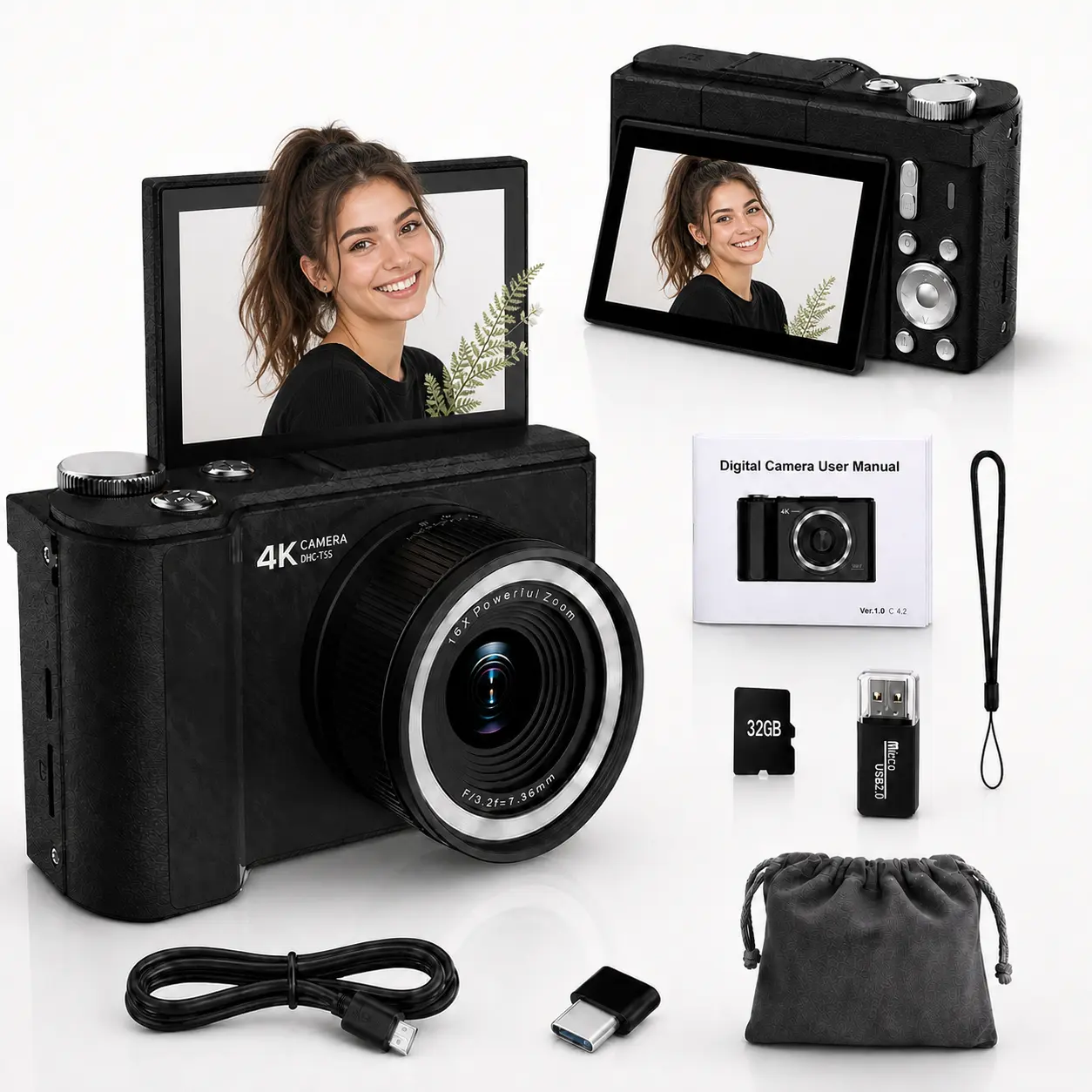 W&O Vlogging Camera for Photography, Digital Camera with 180° Flip Screen, 16X Digital Zoom and 32GB Card, Fill Light,  Easy Point and Shoot Camera for Students and Young Women, Back to School Gift Idea