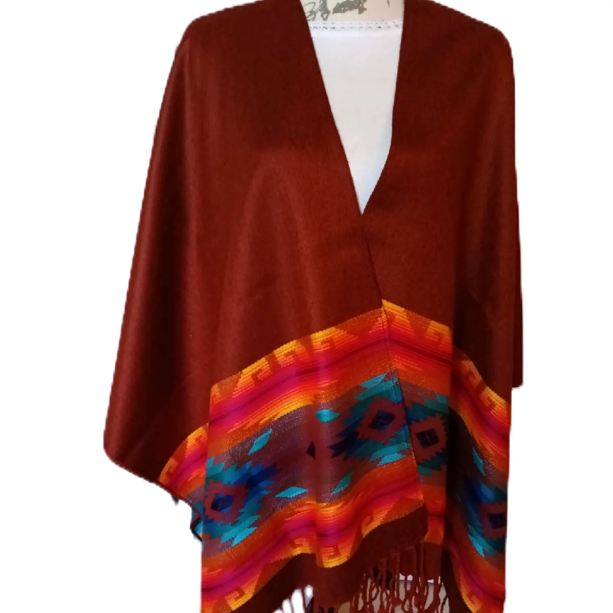 Artisanal Womens Poncho, Andean Pattern, REVERSIBLE Orange, black sides, Fringe, Womenswear handmade in Ecuador