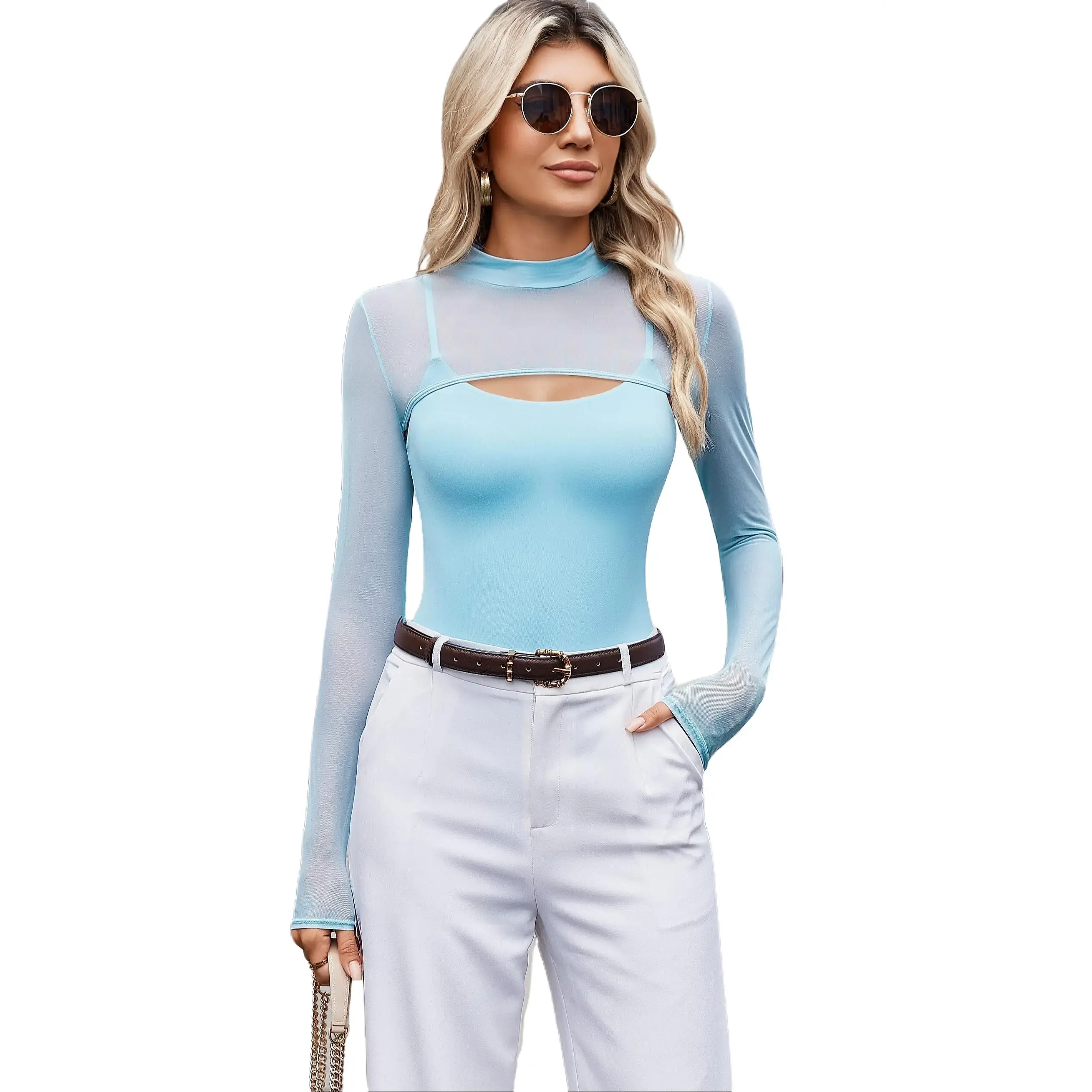 Avidlove Womens Long Sleeve Mesh Bodysuit Mock Turtle Neck Shapewear Two Piece Outfit Cami Tops with Adjustable Suspender for All Seasons Fabric Leotard