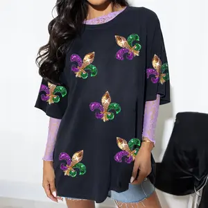 Znacicc Women's Mardi Gras Sequin T-Shirt Black Crewneck with Iris Flower Patches Graphic Tee for Festival & Celebration Outfits Streetwear