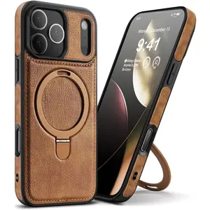 Magnetic for iPhone 17 Pro Max Leather Case,Invisible Stand [Compatible with Magsafe] Slim Kickstand Phone Cove for iPhone 17 Pro Max case Brown