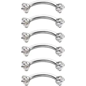 6pcs Stainless Steel Rook Daith Earrings Belly Lip Ring Eyebrow Studs Cartilage Tragus Cubic Zirconia Barbell Body Piercing 8mm (5/16")
