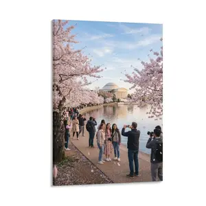 Printed Canvas Wall Art, Washington DC Cherry Blossom & Jefferson Memorial Scene, Spring Scenic Decor, High - Def Print, Pastel Pink, Frameless, for Home Living Room Bedroom Office Wall Decoration, Nature & Architecture Artwork