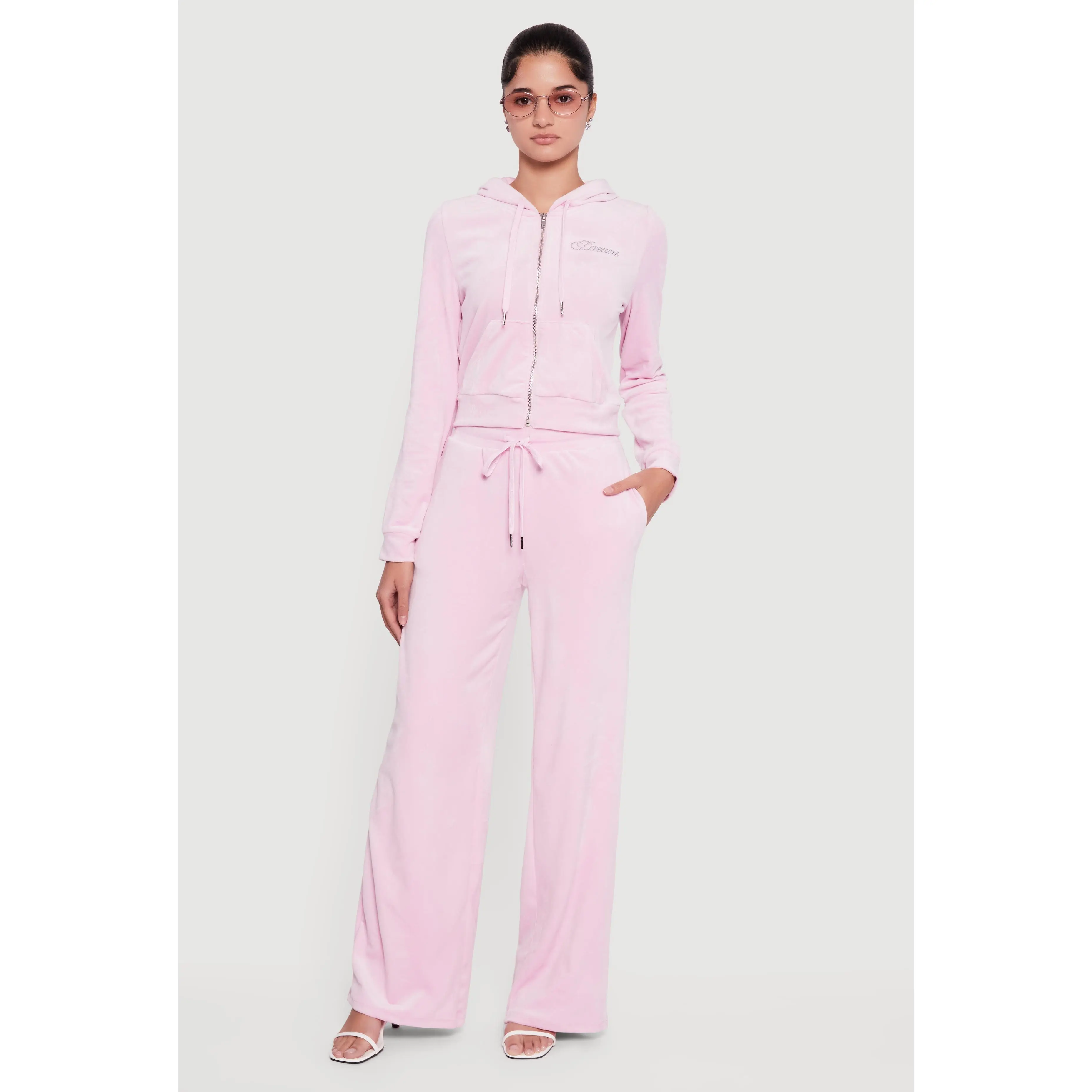 Velour Rhinestone Dream Graphic Drawstring Waist Sweatpants